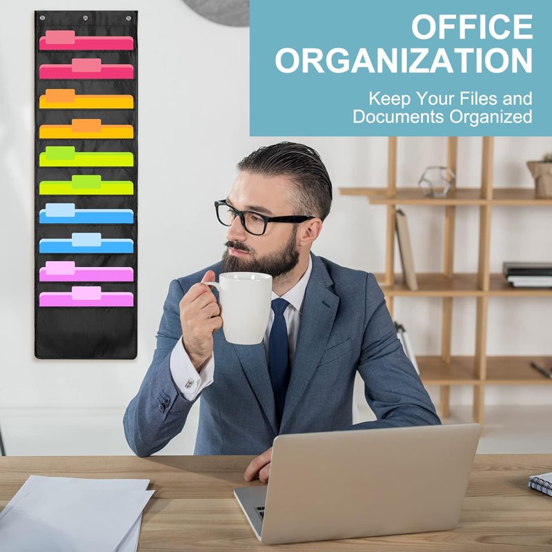 Wall Hanging File Organizer with 10 Pockets & Metal Hooks - Office & Classroom Storage