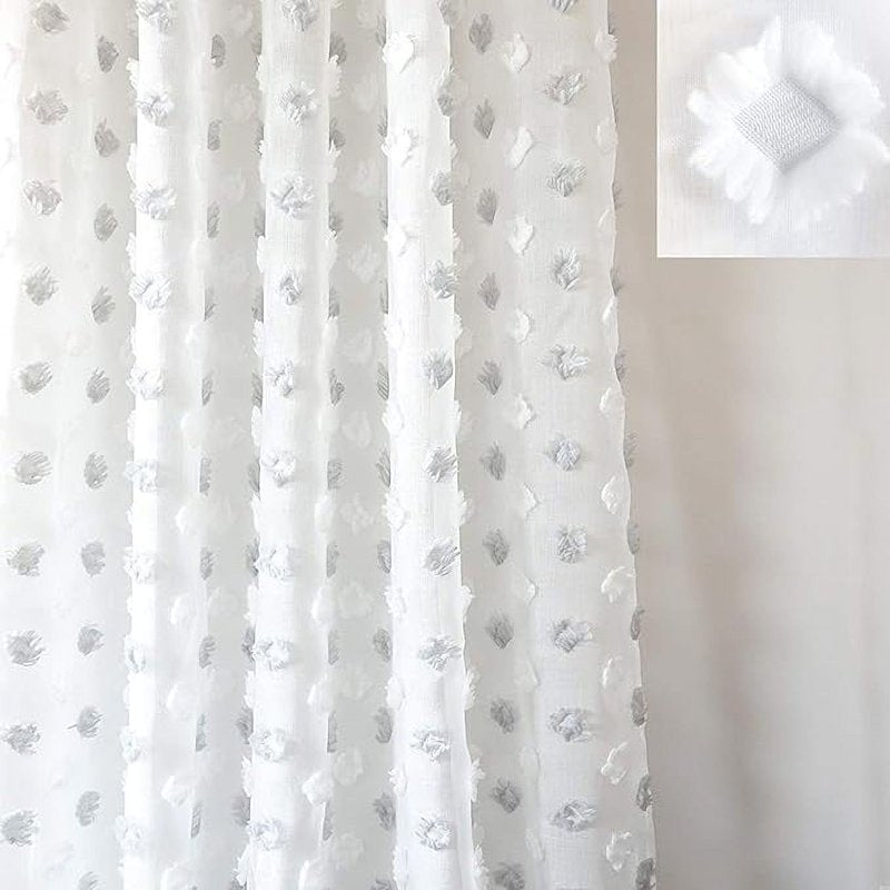 Sheer Window Curtain Panel Pair - White Voile with Pom Pom Embroidery, 52x84 Inches