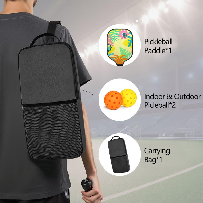 Tropical Leaf Pickleball Paddle Set (1 Paddle, 2 Balls, Bag) - Fiberglass Surface, Black-3