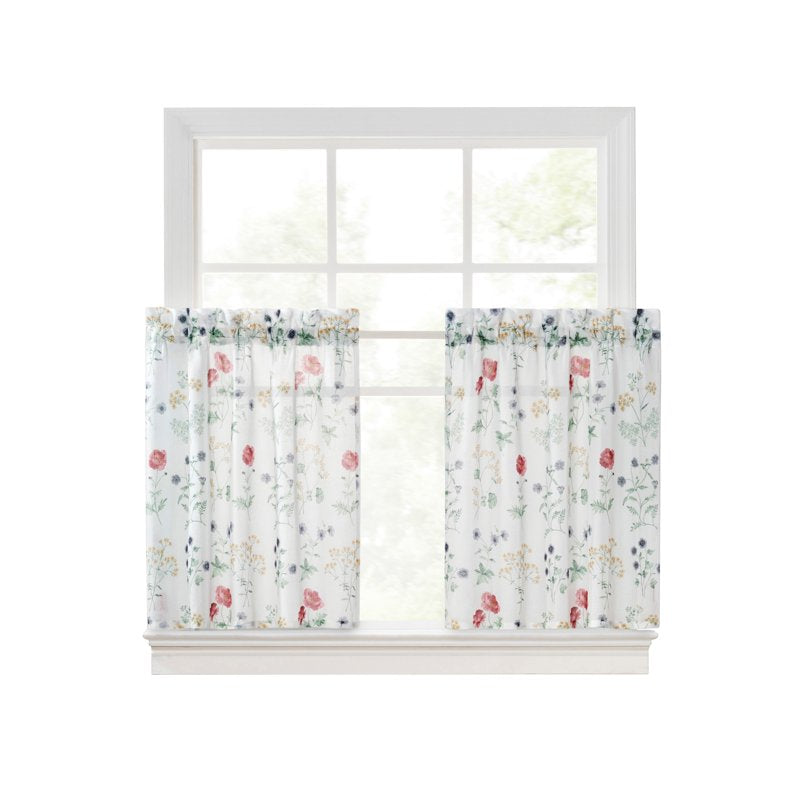 Indoor Floral Tier Set - Semi Sheer Curtains for Kitchen & Bathroom, 2 Pieces