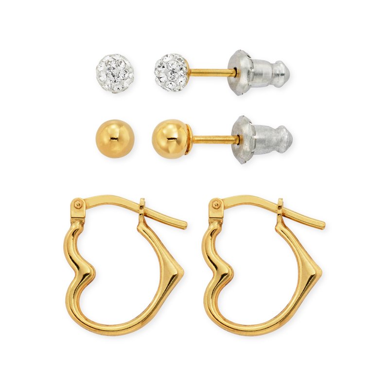 Children's Gold Filled Crystal Ball & Heart Hoop Earrings Set - 3 Pairs