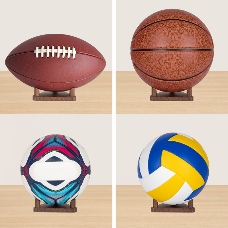 Walnut Display Stand for Sports Balls – Basketball, Football, Soccer, Volleyball Organizer