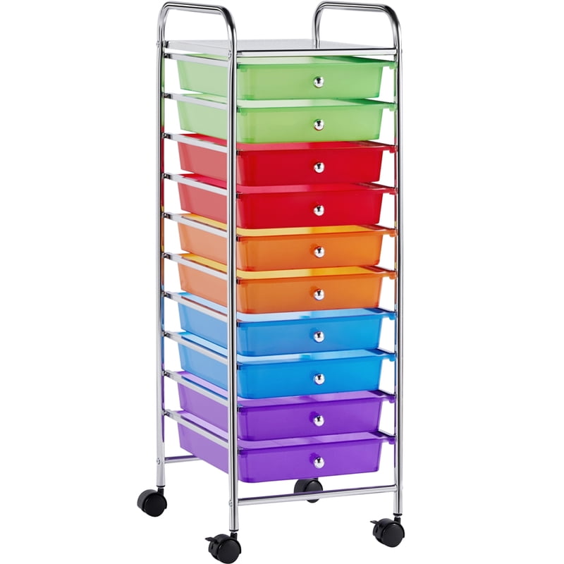 Multi-Color 10-Drawer Plastic & Metal Storage Cart with Lockable Wheels