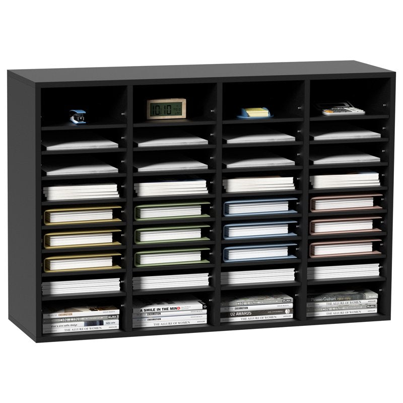 Wooden Document Storage Box with 36 Adjustable Compartments - Black