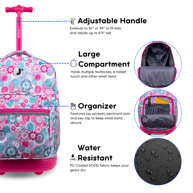 Girls 18-Inch Rolling Backpack for School and Travel - Multiple Colors