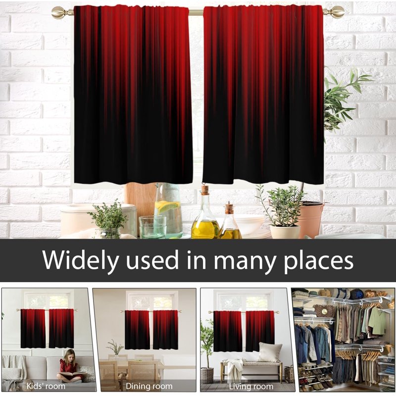 Red and Black Ombre Short Kitchen Curtains - Gothic Anime Tier Drapes, 2 Panels, 27.5 x 39 Inches, Small Window Decor