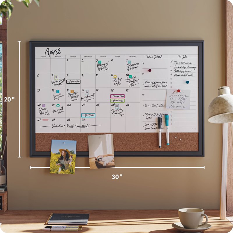 Magnetic Dry Erase Calendar Board 30x20 in with Frame for Office Home Classroom