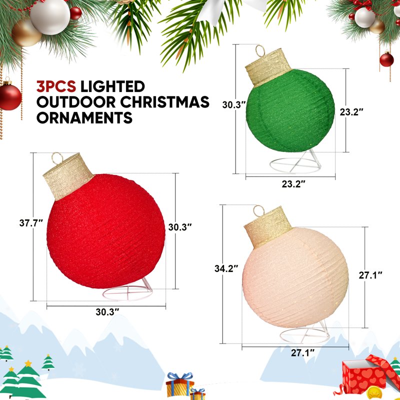 Lighted Outdoor Christmas Ornament Set with 270 LED Lights - Festive Yard Decor