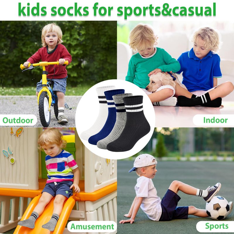 Kids Crew Socks 5 Pairs - Cotton Athletic Socks for Boys & Girls, All Sizes & Colors