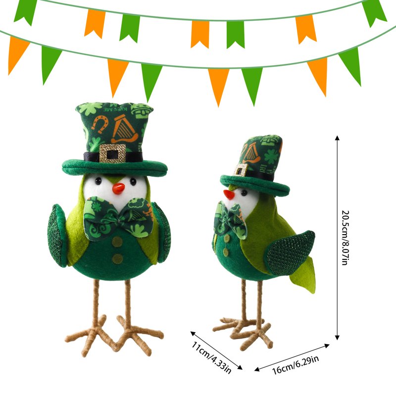 St Patrick's Day Bird Decorations Fabric Figurine with Leprechaun Hats and Shamrocks