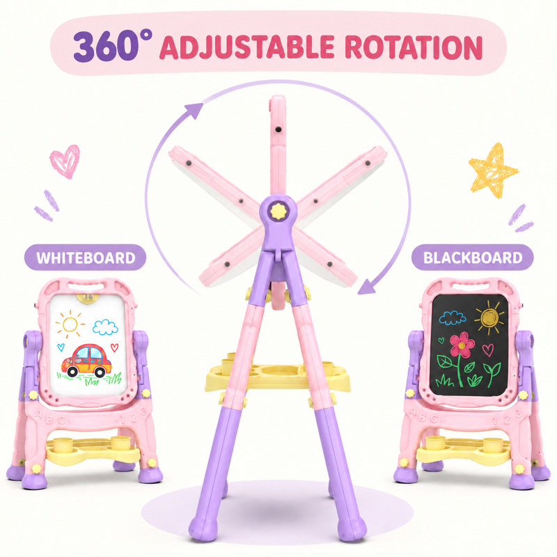 Kids Art Easel with Double-Sided Boards, Adjustable Height & Accessories - Pink