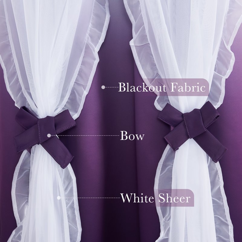Kids Room Blackout Curtains with Sheer Ruffle Layer - Double Panel Thermal Insulated