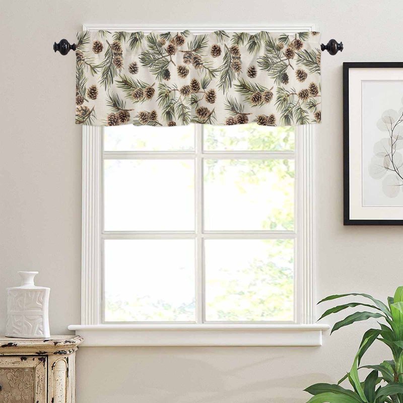 Kitchen Window Curtains Set Valance and Tier Panels with Green Leaves Pattern