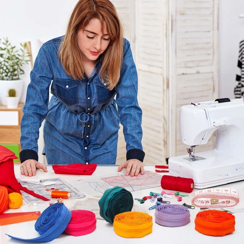 DIY Zipper Kit with 45 Yards of Nylon Coil Zippers in 15 Colors, Includes Pull Heads, Scissors & Ruler
