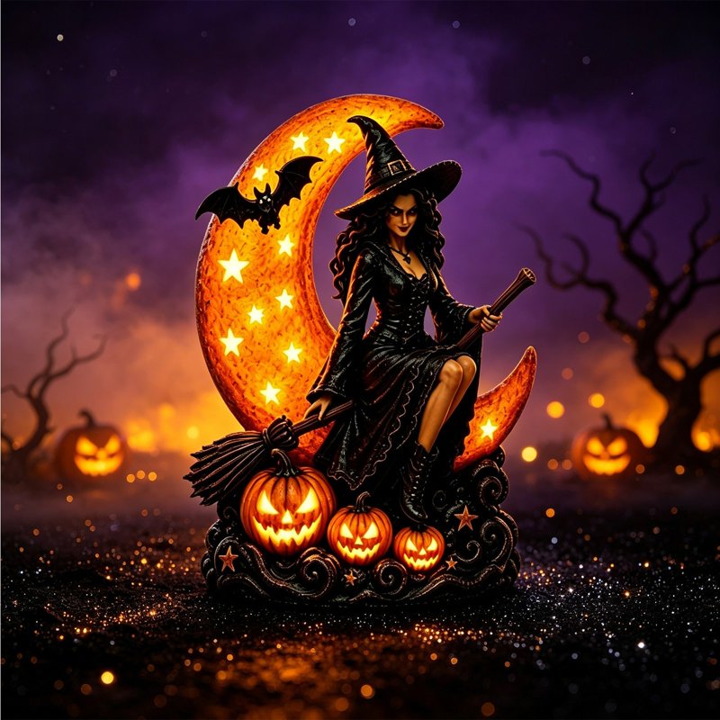 Halloween Witch Lamp with Glowing Moon and Pumpkin Decor Figurine - Spooky Gothic Tabletop Ornament