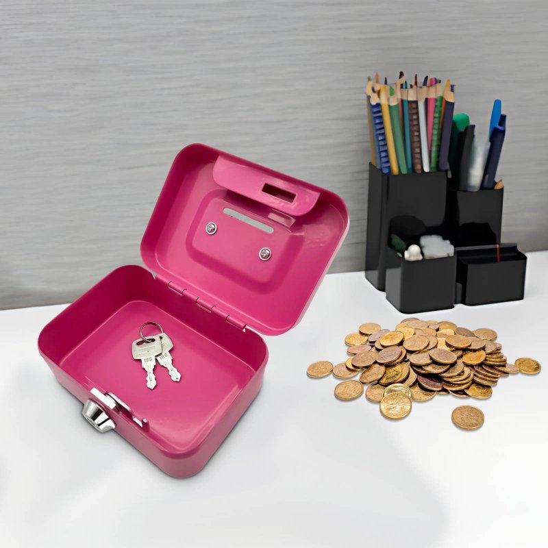 Portable Metal Cash Box with Lock and Key - Small Safe for Money and Coins