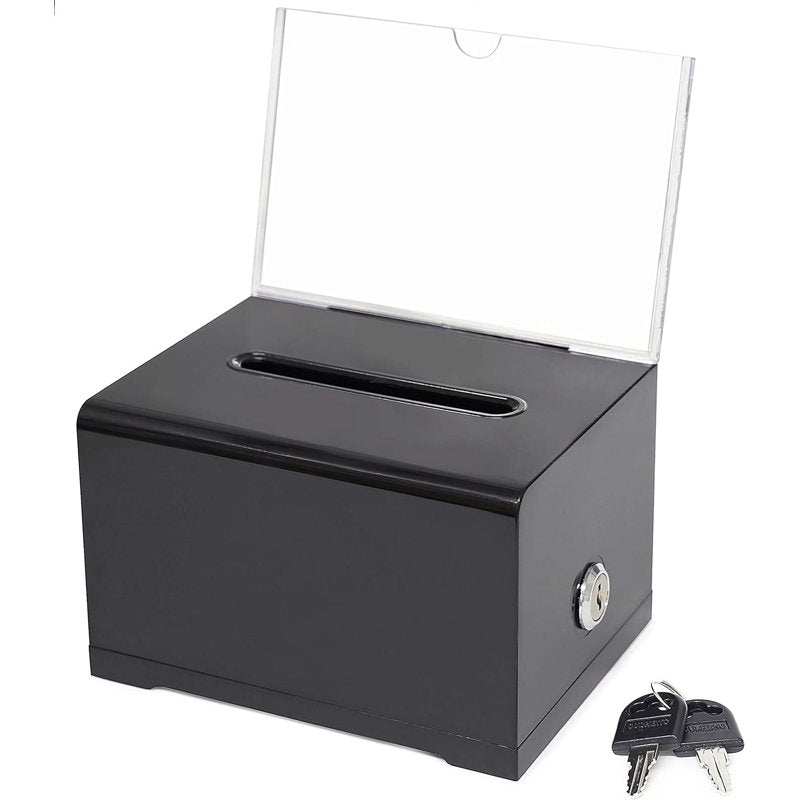 Donation Collection Box with Lock and Keys - Black Acrylic Ballot Box, 6.25 x 4.75 inches