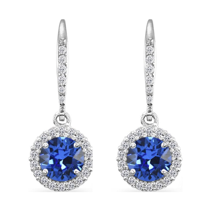 Sterling Silver Blue Halo Dangle Earrings with Swarovski Crystals
