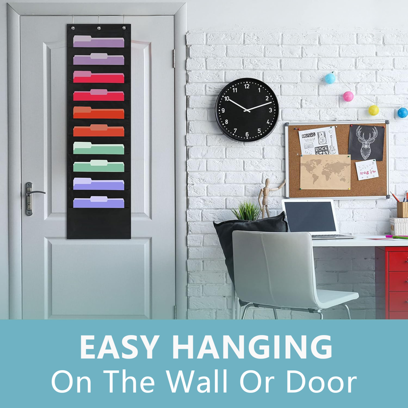 Wall Hanging File Organizer with 10 Pockets & Metal Hooks - Office & Classroom Storage