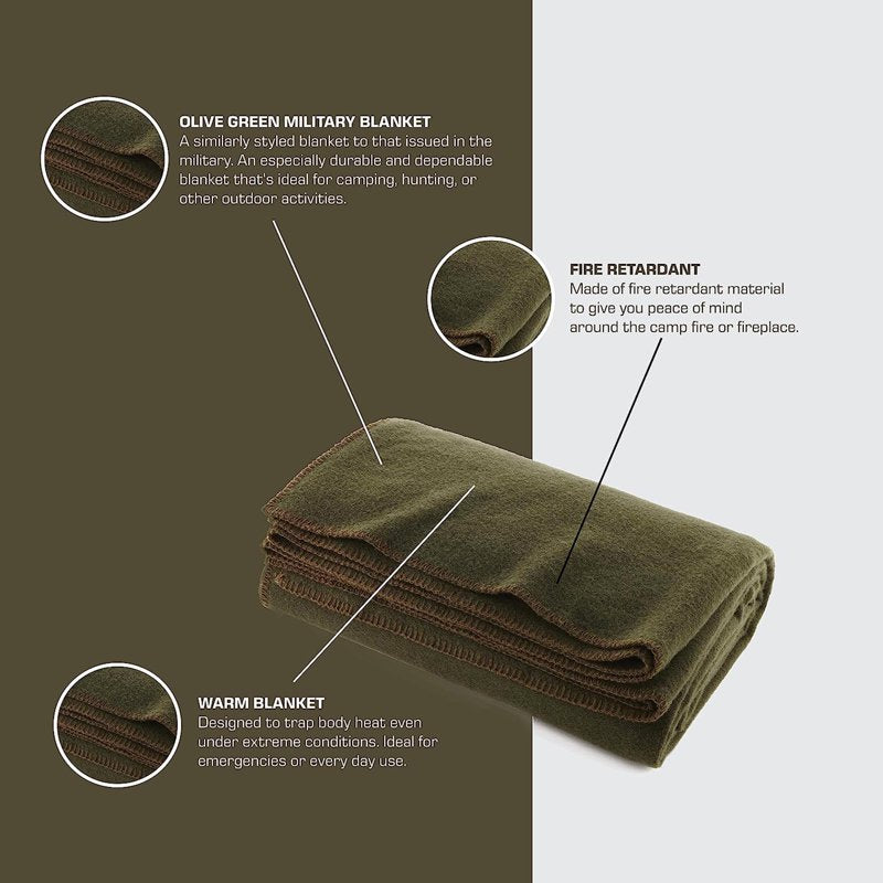 Military-Style Fire Retardant Wool Blanket 66x90 Inches - 80% Wool, Olive Drab Green
