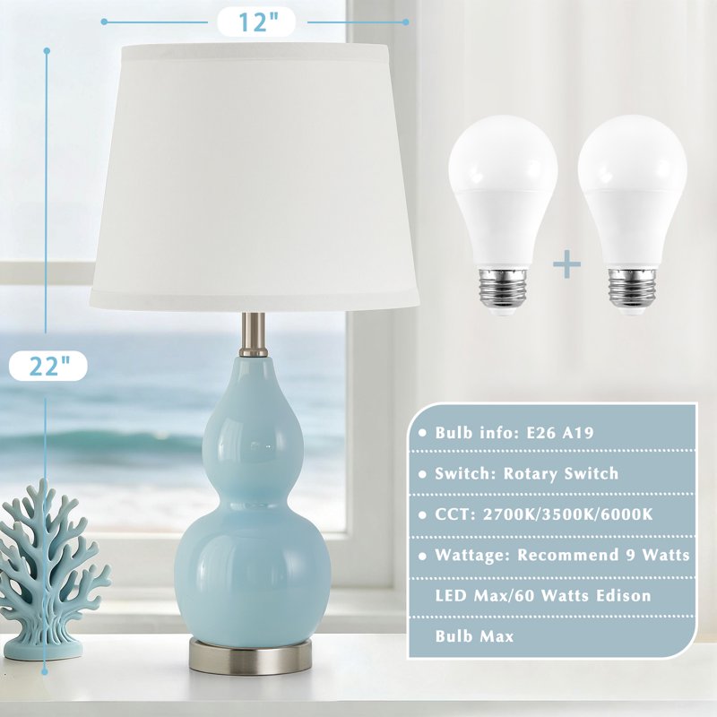 Set of 2 Modern Ceramic Table Lamps for Living Room Bedroom Office Sky Blue
