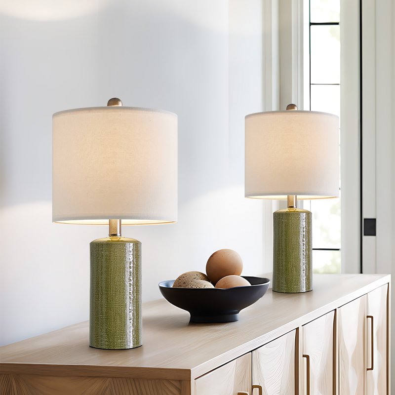 Set of 2 Modern Green Ceramic Table Lamps for Living Room & Bedroom
