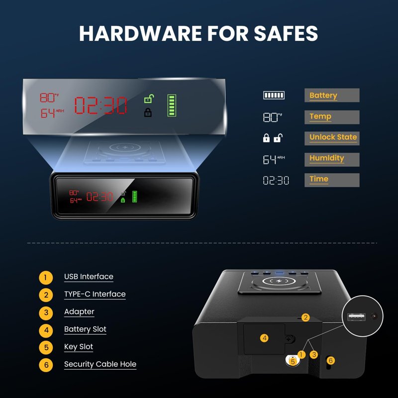 Biometric Safe with Wireless Charging and Digital Clock - Home Security Safe with Keypad