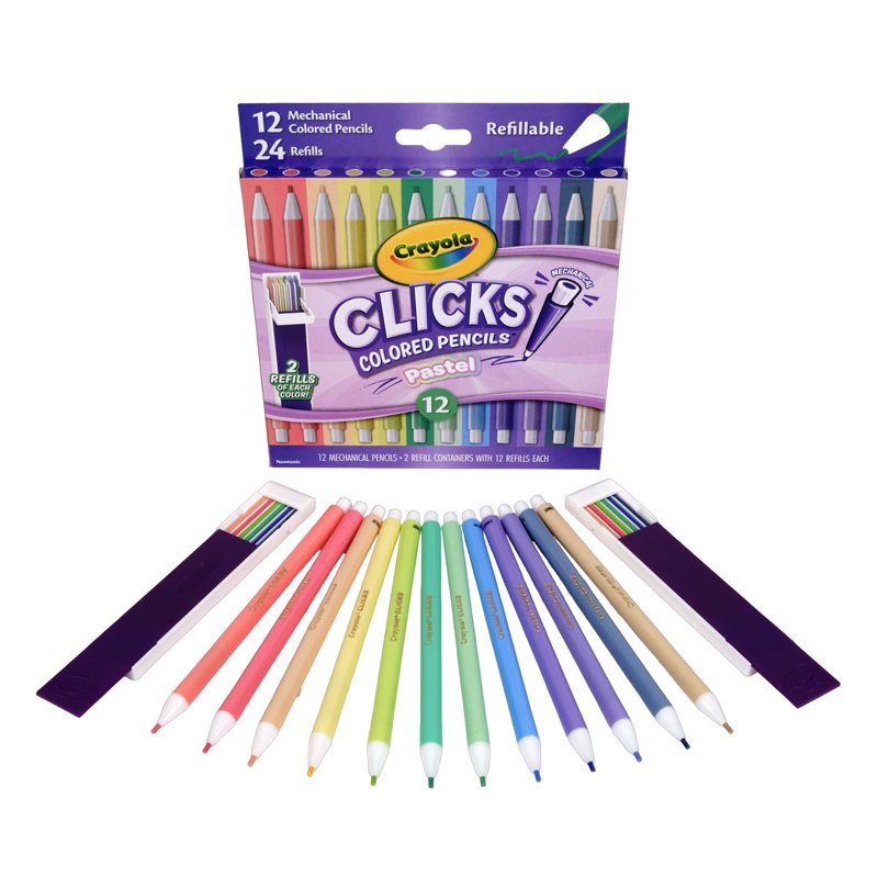 Pastel 12-Color Mechanical Colored Pencil Set with 24 Refills - 2.0mm Clicker Pencils (Variation: Pastel)