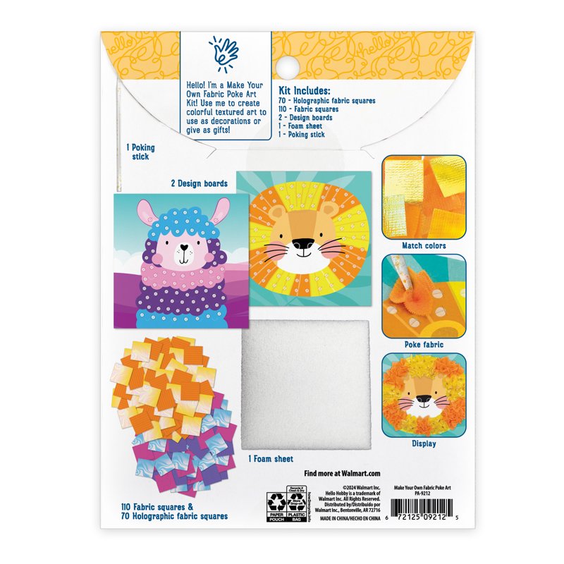 Kids Fabric Poke Art Craft Kit with 2 Designs - Lion & Llama, Unisex Child