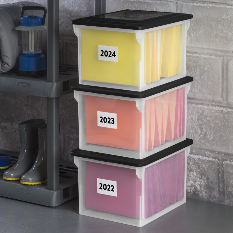 Sterilite Clear Plastic File Box with Black Lid for Letter and Legal Files