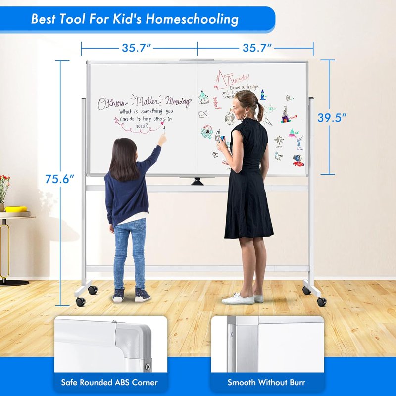 Large Double-Sided Mobile Whiteboard on Wheels - 72x40 Inches, Magnetic Dry Erase, Adjustable Stand for Office, School, Home