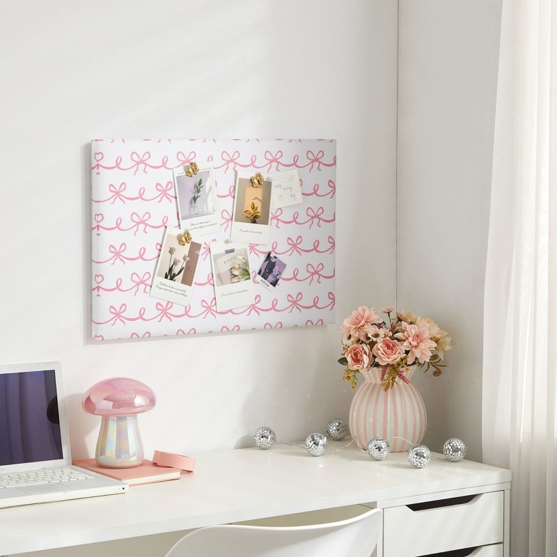 Decorative Bulletin Board 24x16 with Pink Ribbon Print and Pearl Push Pins
