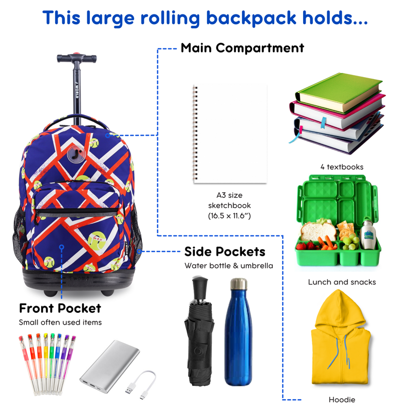 Kids and Adults 18-Inch Rolling Backpack for School and Travel - Multiple Colors