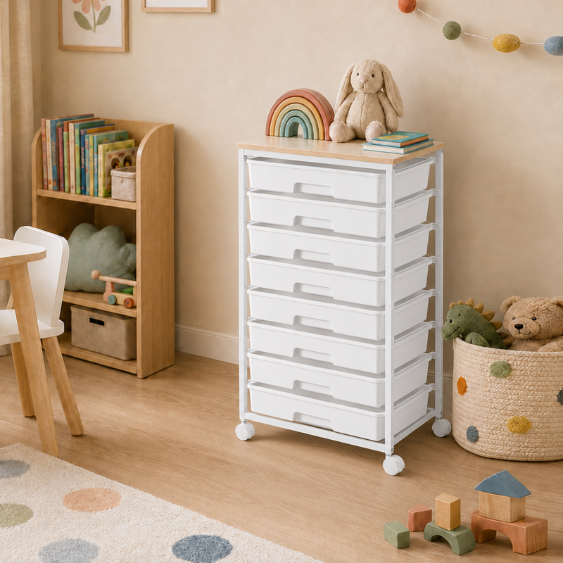 Rolling Drawer Storage Cart with 8 Removable Drawers and Wooden Top