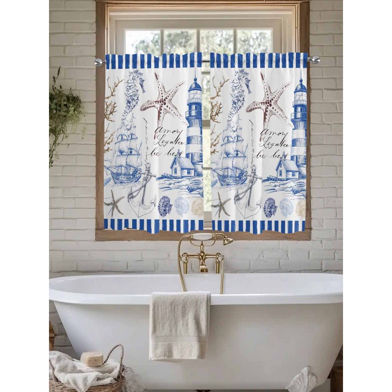 Navy Blue Coastal Tier Curtains - Light-Filtering Window Treatment for Bedroom & Bathroom