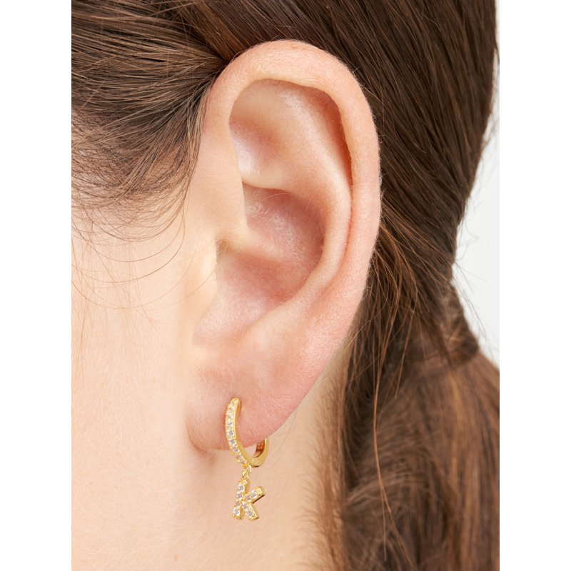 Gold Over Sterling Silver CZ Hoop Earrings with Initial Letter K