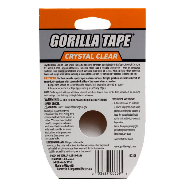 Gorilla Clear Repair Tape - Heavy Duty Weatherproof Sealing, 9 Yard Roll