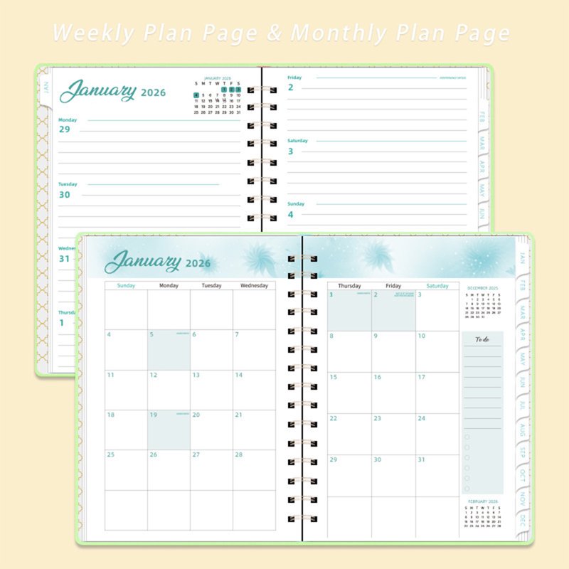 2026 Calendar Planner Coil Bound with Faux Leather Cover - A5 Daily Organizer