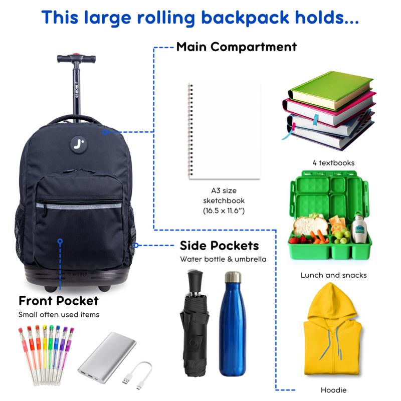 Kids & Adults 18-Inch Rolling Backpack for School & Travel - Multiple Colors