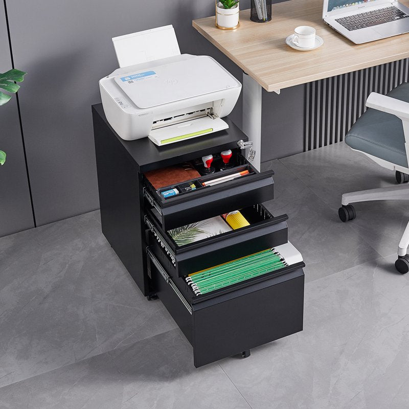 Lockable 3-Drawer Metal Filing Cabinet for Office Storage - Under Desk Mobile Filing Cabinet with Anti-Tilt Casters