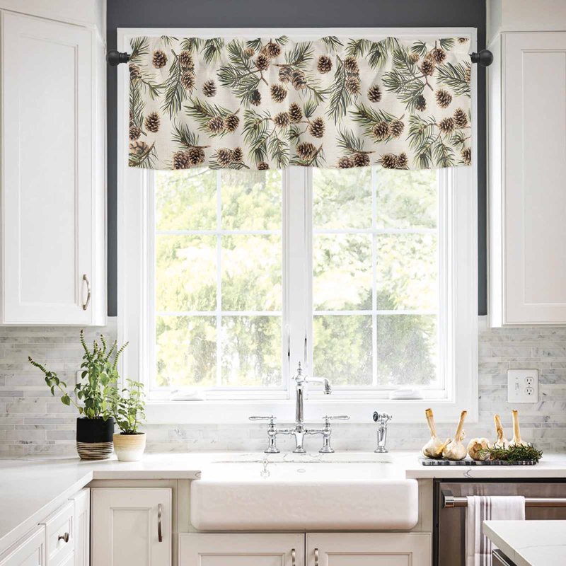 Kitchen Window Curtains Set Valance and Tier Panels with Green Leaves Pattern