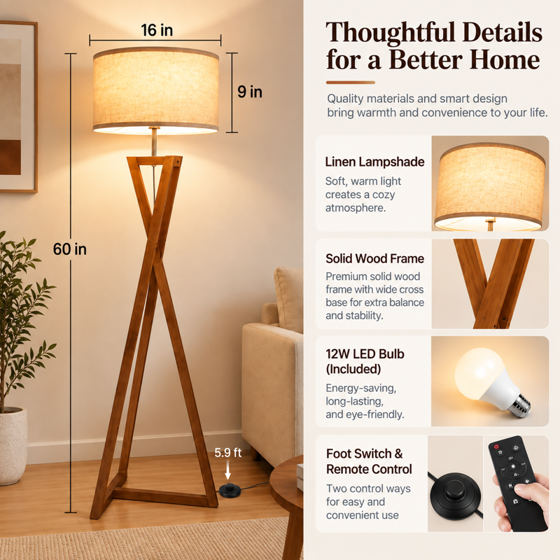 Wood Tripod Floor Lamp with Shelves, Dimmable Standing Lamp with Remote, Modern Walnut or Black Finish