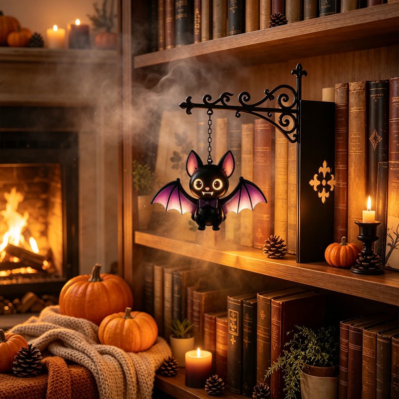 Bat Variation Halloween Bookshelf Lamp - Vintage Ghost Library Light with Bookend Base