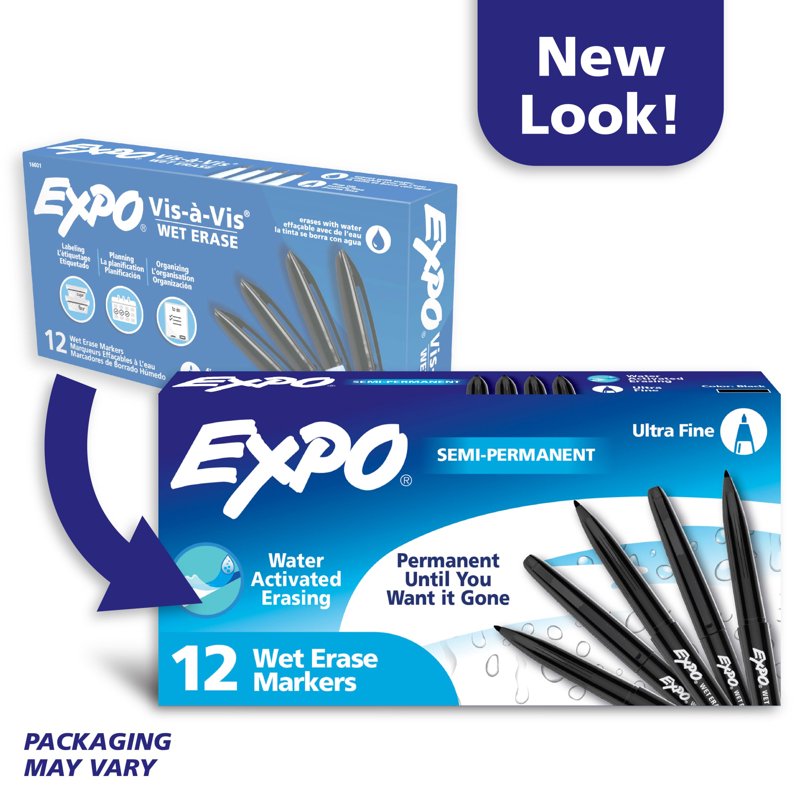 Wet-Erase Markers with Ultra Fine Tip - Black, Box of 12 for Reusable Surfaces