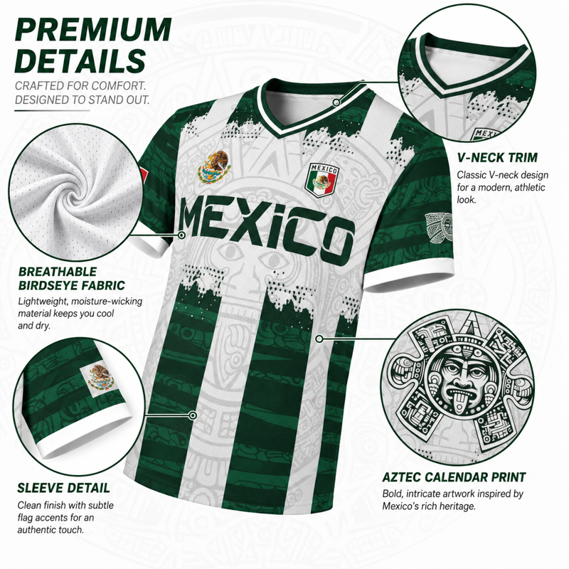 Mexico Aztec Calendar 3D Print Soccer Jersey - Green & White Striped, XL