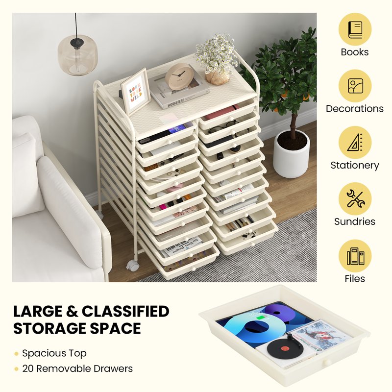 20-Drawer Rolling Storage Cart for Art Craft Organization White