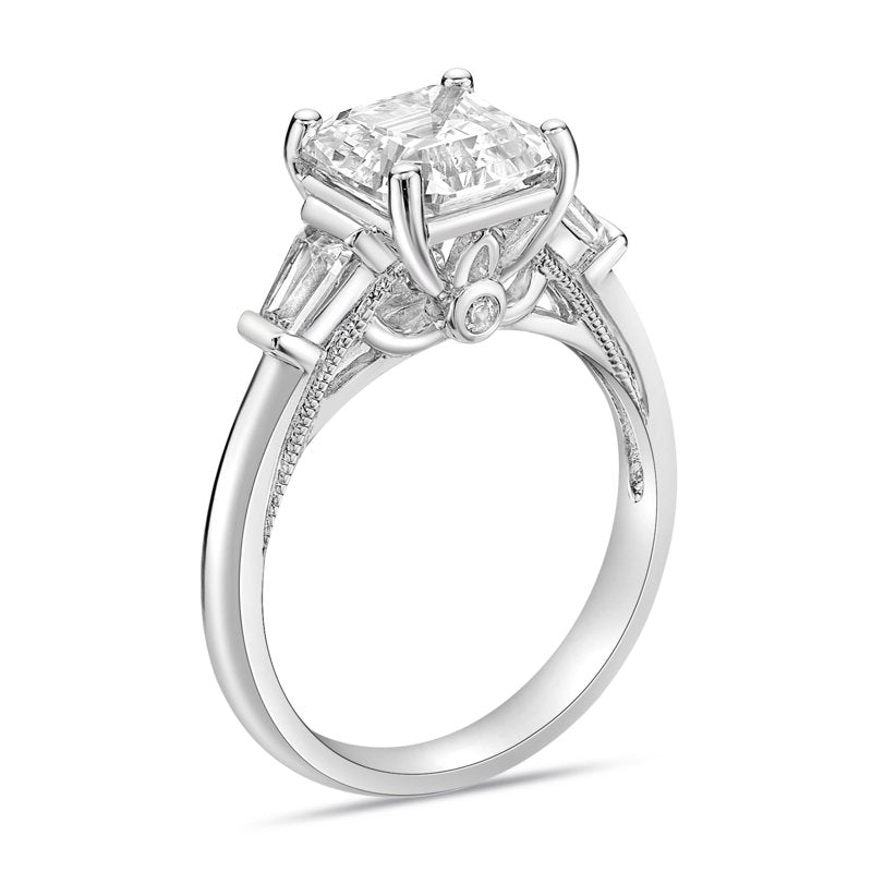 Sterling Silver Asscher Cut White Diamond & Cubic Zirconia Engagement Ring