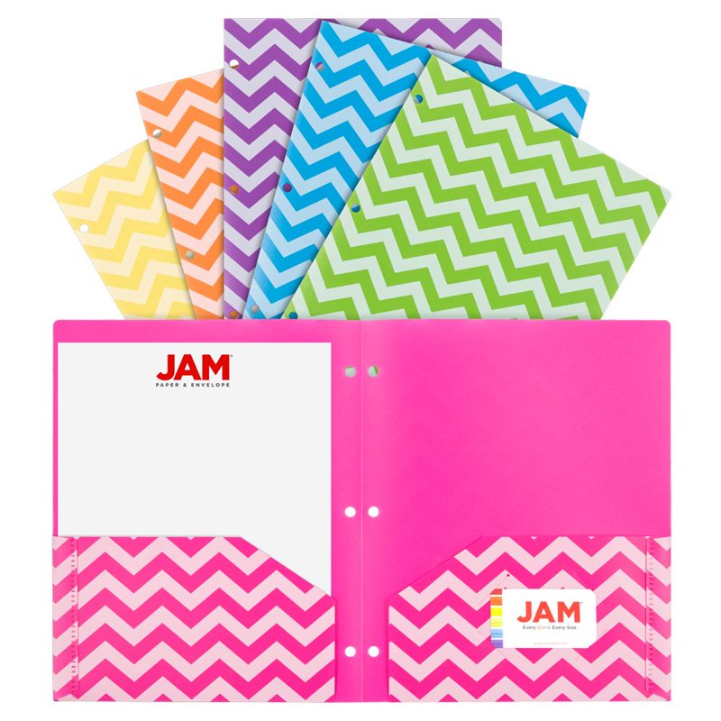Chevron Pattern Plastic File Folders with 3-Hole Punch - Assorted Colors, 6 Pack