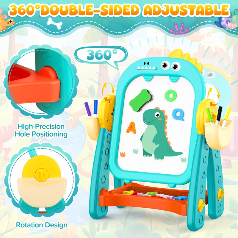 Kids Double Sided Chalkboard and Whiteboard Easel - Dinosaur Learning & Art Gift for Ages 2-6