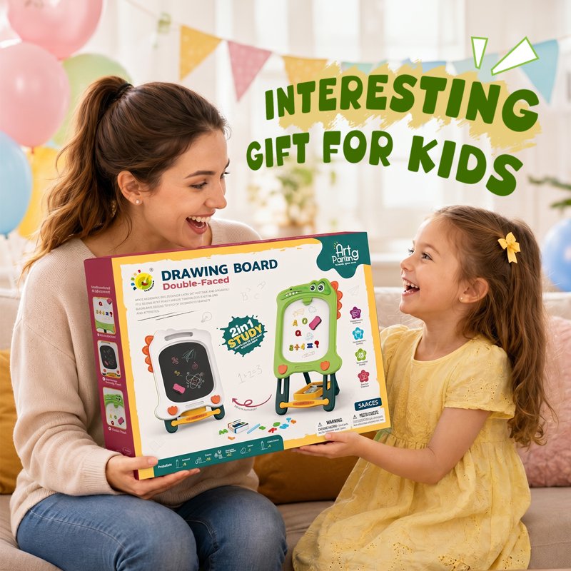 Kids Double-Sided Magnetic Whiteboard & Chalkboard Easel with Storage Tray - Dinosaur Design